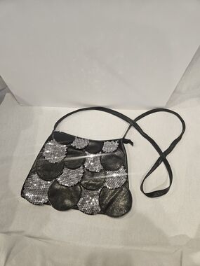 Scalloped Petal Sequin Black Accent Crossbody Bag Purse